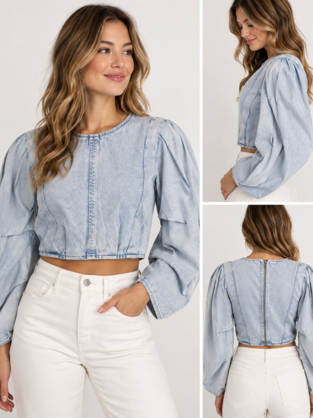 Zara Women’s M Light Wash Denim Crop Top Puff Sleeve Round Neck Seamed